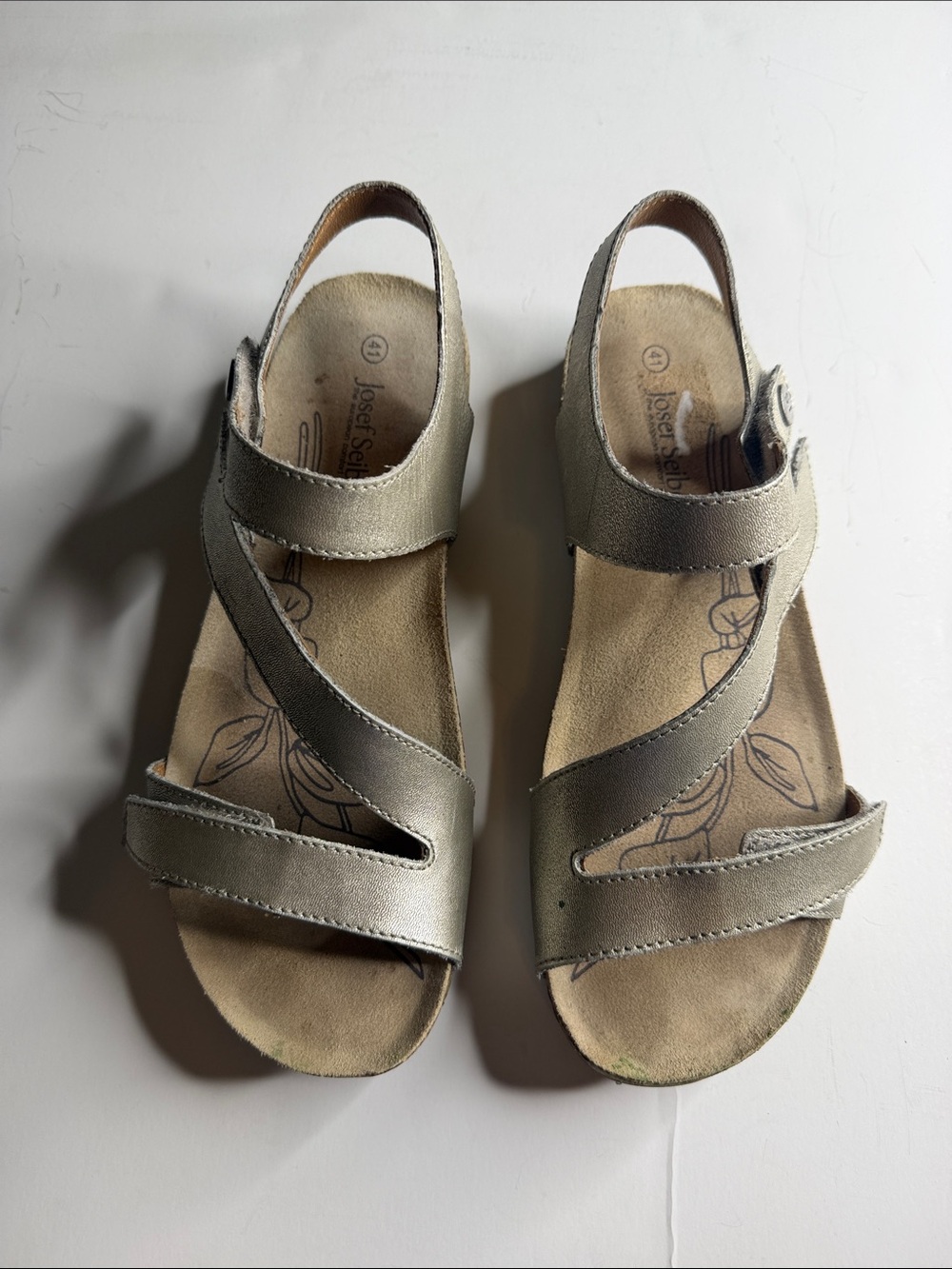 Josef Seibel Silver Leather Adjustable Strap Sandals size 41